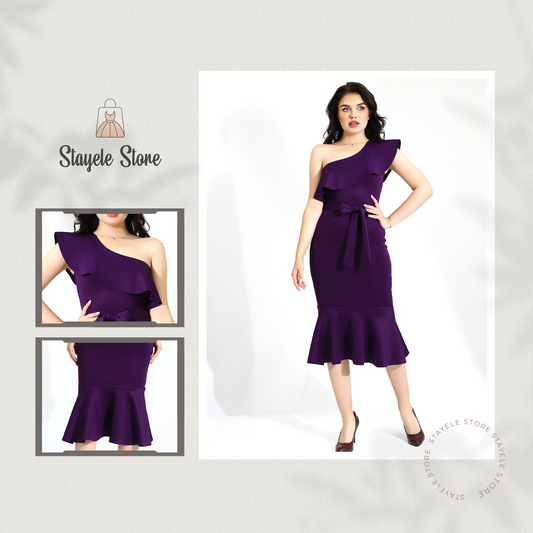 Elegant One-Shoulder Purple Ruffle Midi Dress