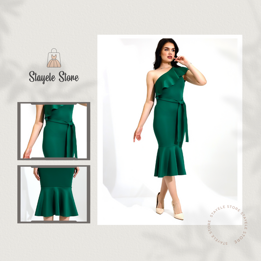 Elegant One-Shoulder Ruffled Midi Dress in Green