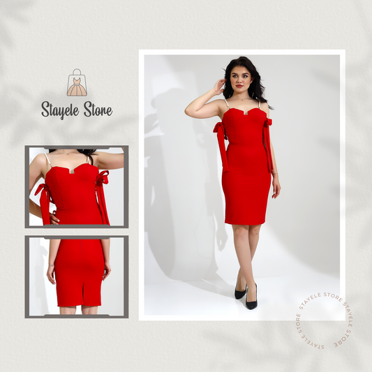 Stunning Red Bodycon Dress with Pearl-Embellished Straps