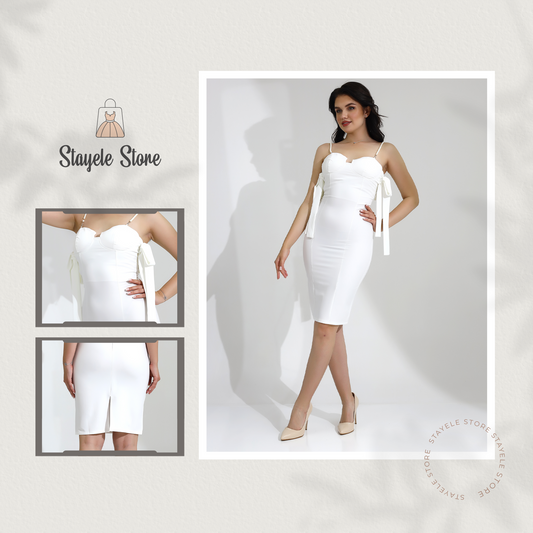 White Midi Dress with Bow Strap Details