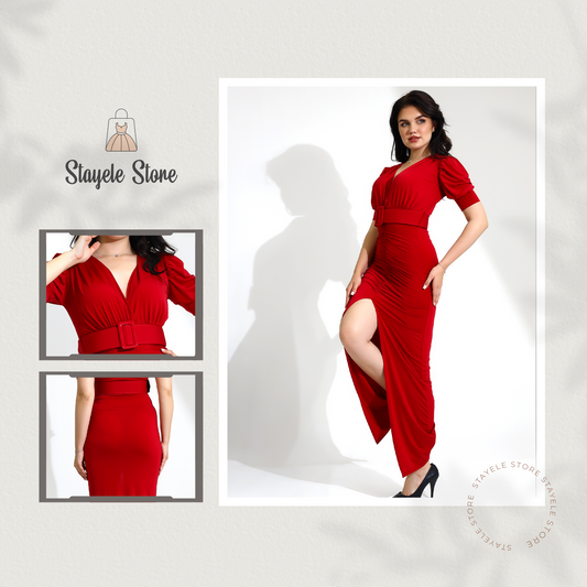 Elegant Red Maxi Dress with Ruched Detail
