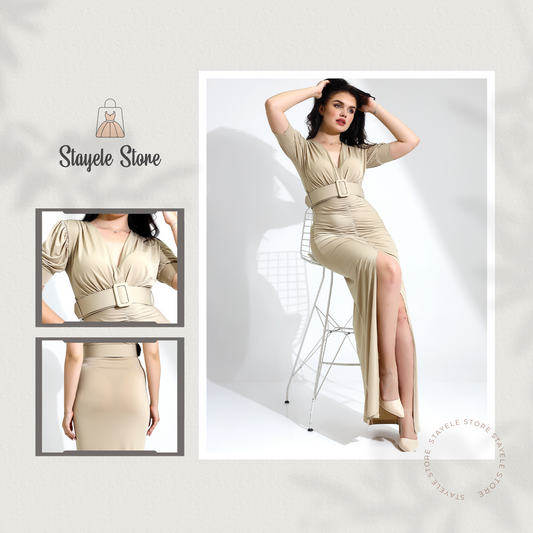 Elegant Ruched Belted Maxi Dress