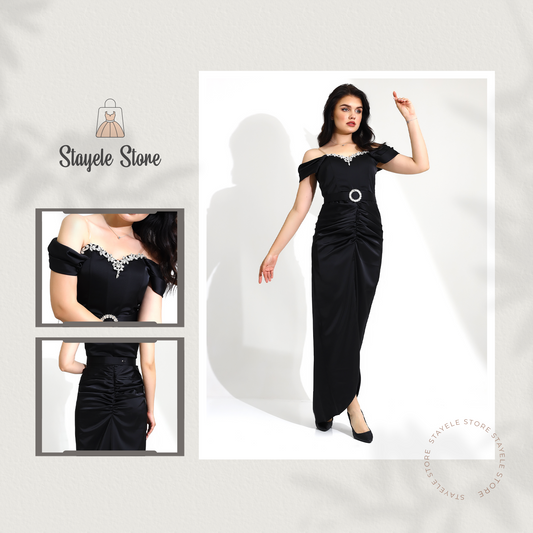 Elegant Off-Shoulder Black Evening Gown with Embellished Details