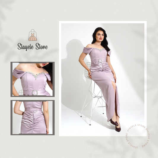 Elegant Off-Shoulder Evening Gown with Embellished Neckline
