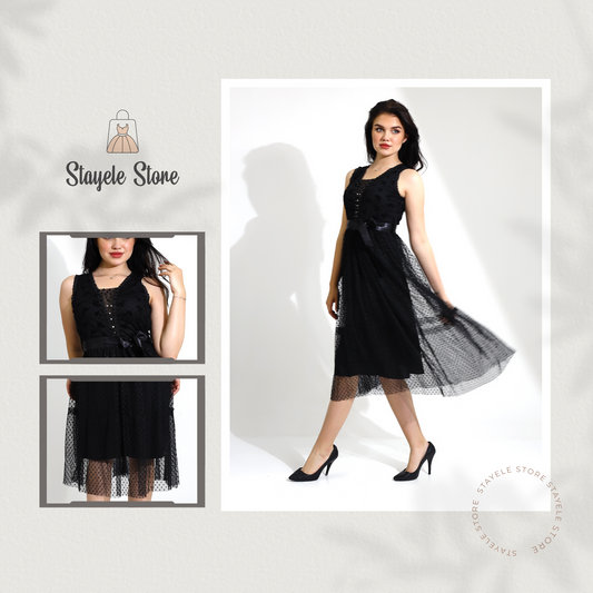 Elegant Sleeveless Black Lace Dress with Satin Bow