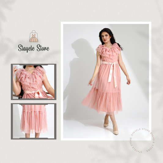 Elegant Ruffled Maxi Dress with Satin Ribbon Belt