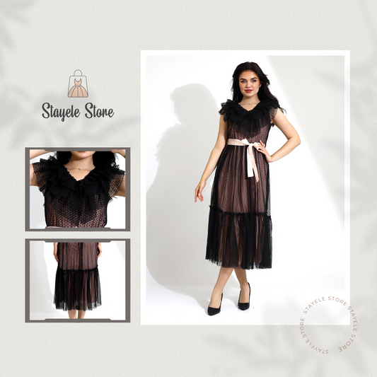 Elegant Ruffled Sleeveless Polka Dot Midi Dress with Sash Belt