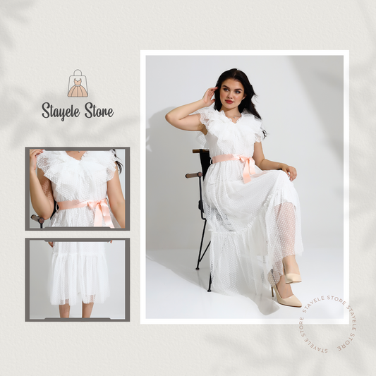 Elegant Ruffle Midi Dress with Polka Dot Tulle