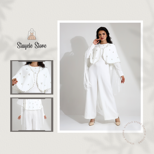 Elegant White Jumpsuit with Embellished Cape