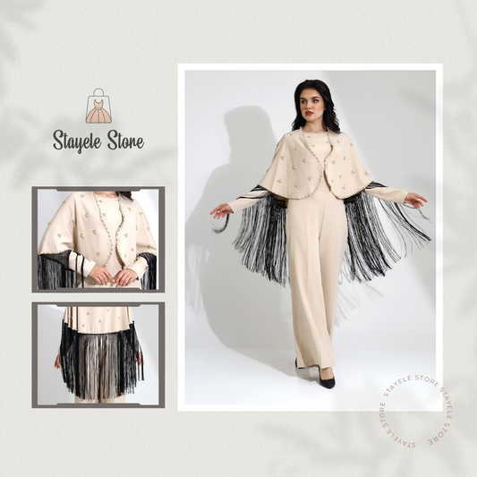 Beige Embellished Jumpsuit with Fringe Detail