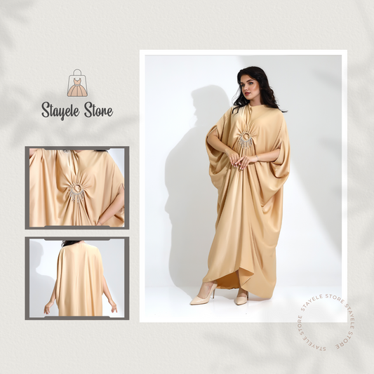 Elegant Beige Satin Kaftan with Rhinestone Detail