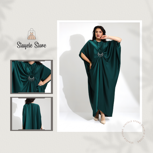 Luxurious Green Satin Kaftan with Brooch