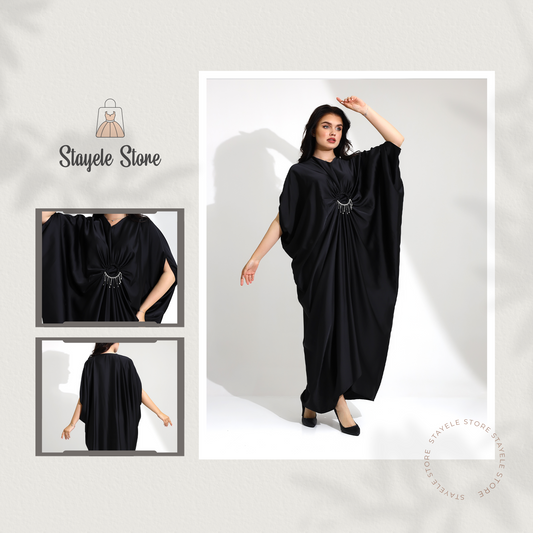 Elegant Black Satin Kaftan with Rhinestone Detailing