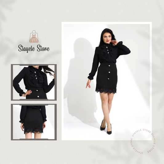 Elegant Black Ruffle Dress with Lace Hem