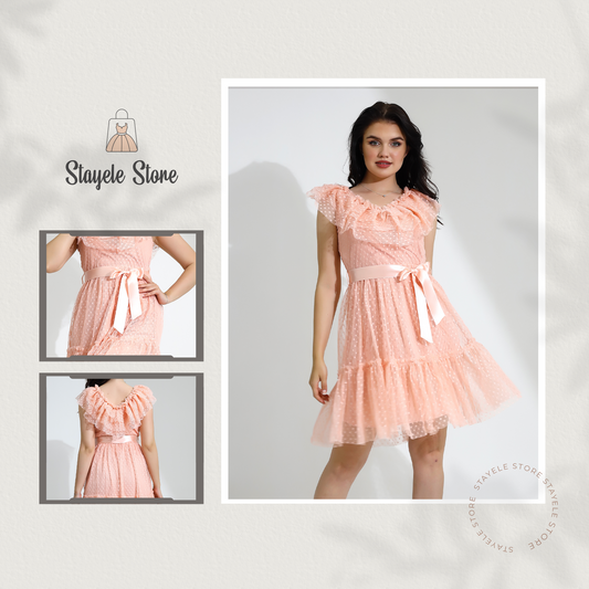 Peach Ruffled Polka Dot Dress with Satin Belt