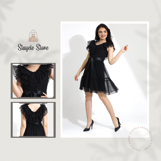 Elegant Black Ruffled Polka Dot Short Dress