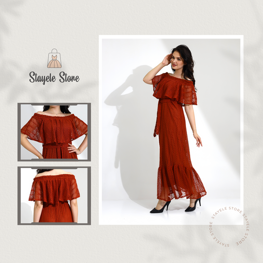 Off-Shoulder Rust Lace Maxi Dress