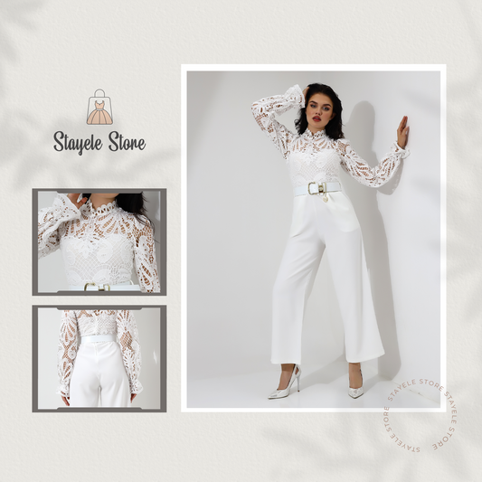 Elegant White Lace High-Neck Jumpsuit with Belt