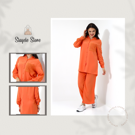 Womens Orange Two Piece Set with Lace Details
