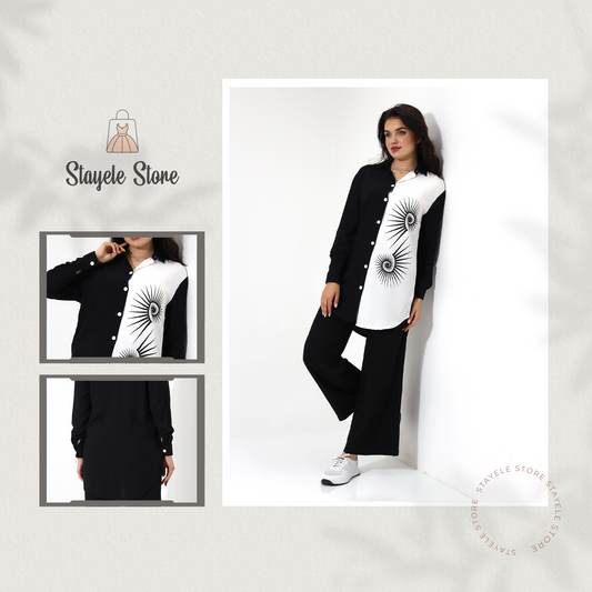 Black and White Abstract Print Long Shirt and Wide-Leg Pants Set