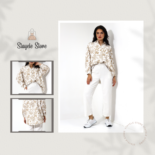 Beige Patterned Button Down Shirt Wide Leg Pants Set