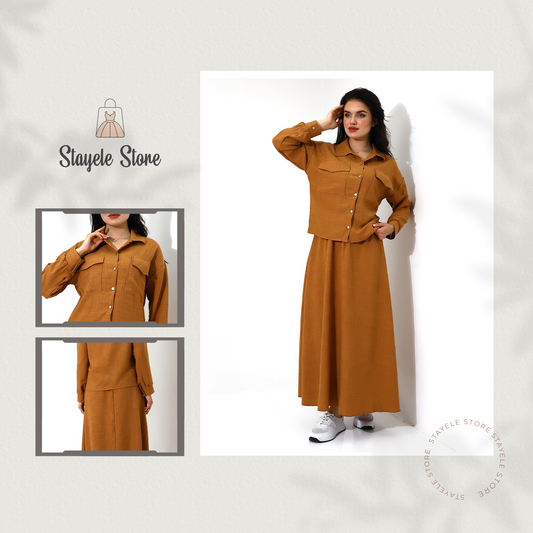 Elegant Mustard Button-Down Long Skirt Set