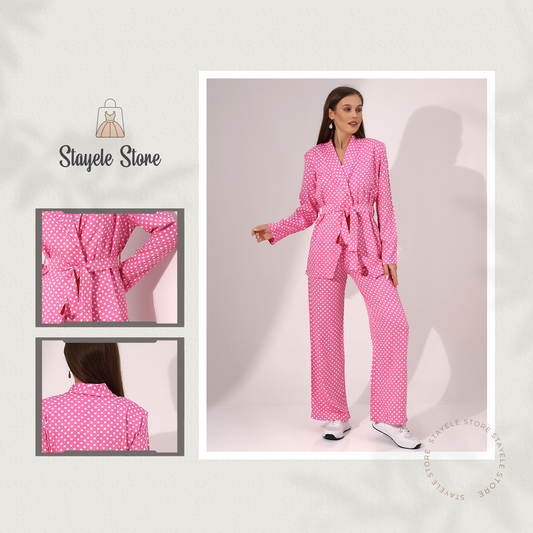 Pink Polka Dot Belted Long Sleeve Blazer and Wide-Leg Pants Set