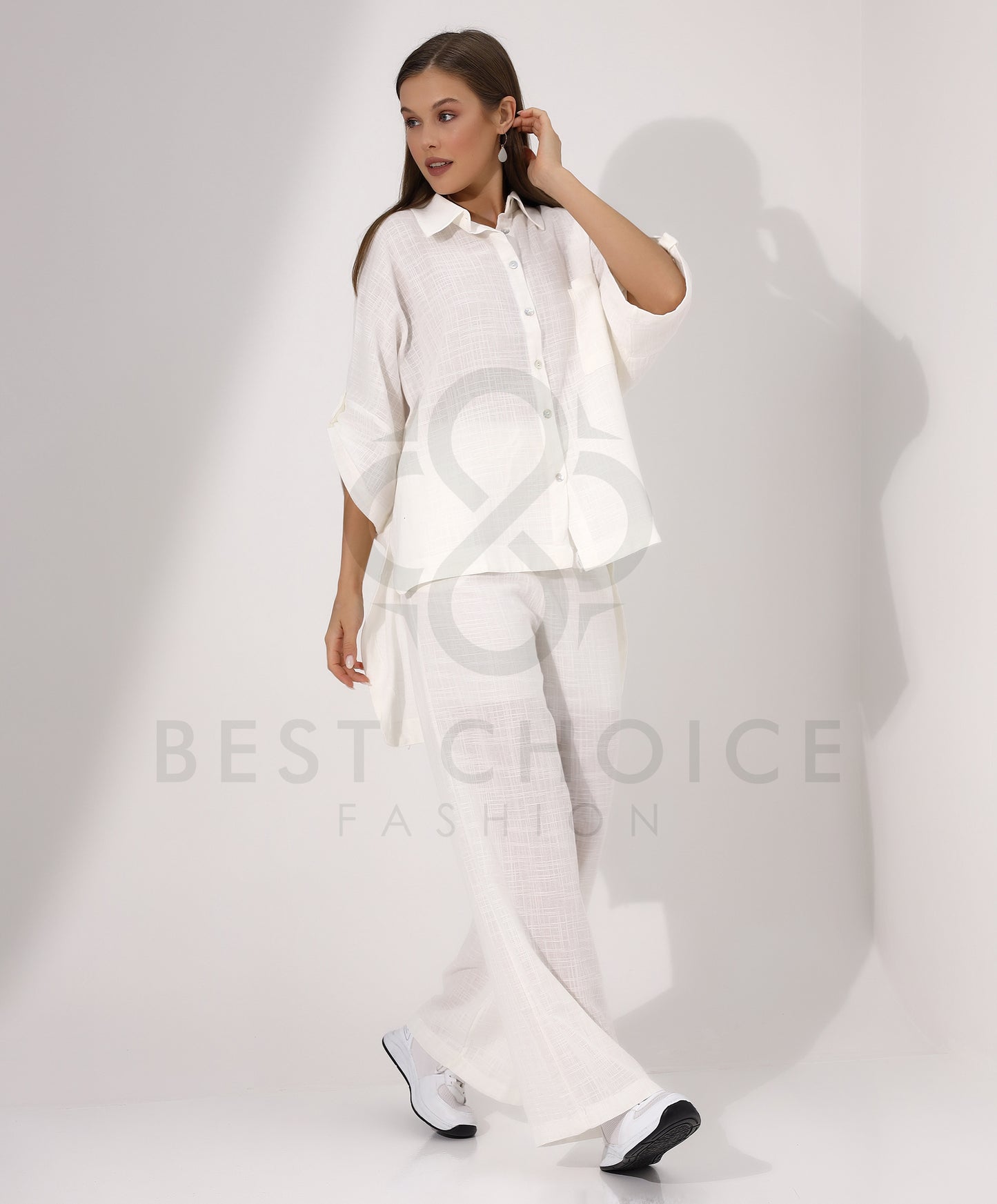 Elegant white button down shirt and wide leg pants set - Stayele Store Small