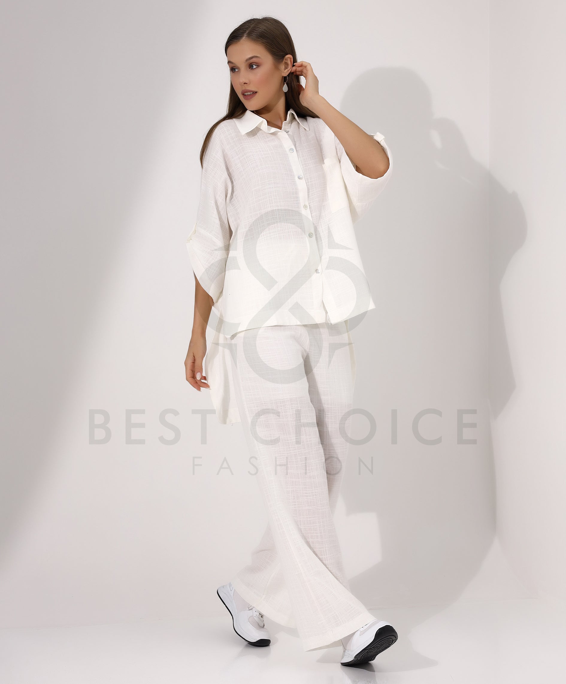 Elegant white button down shirt and wide leg pants set - Stayele Store Small