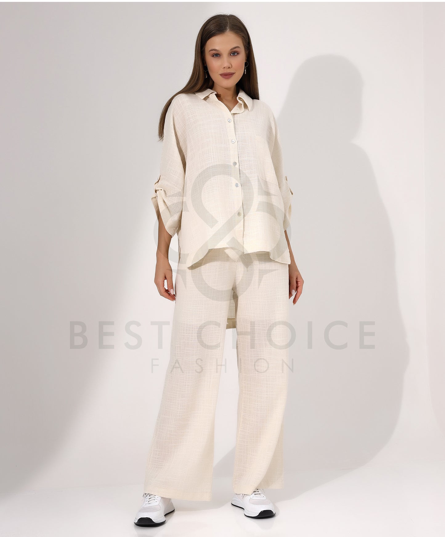 Ladies Cream Button Down Shirt and Pants Set - Stayele Store Small