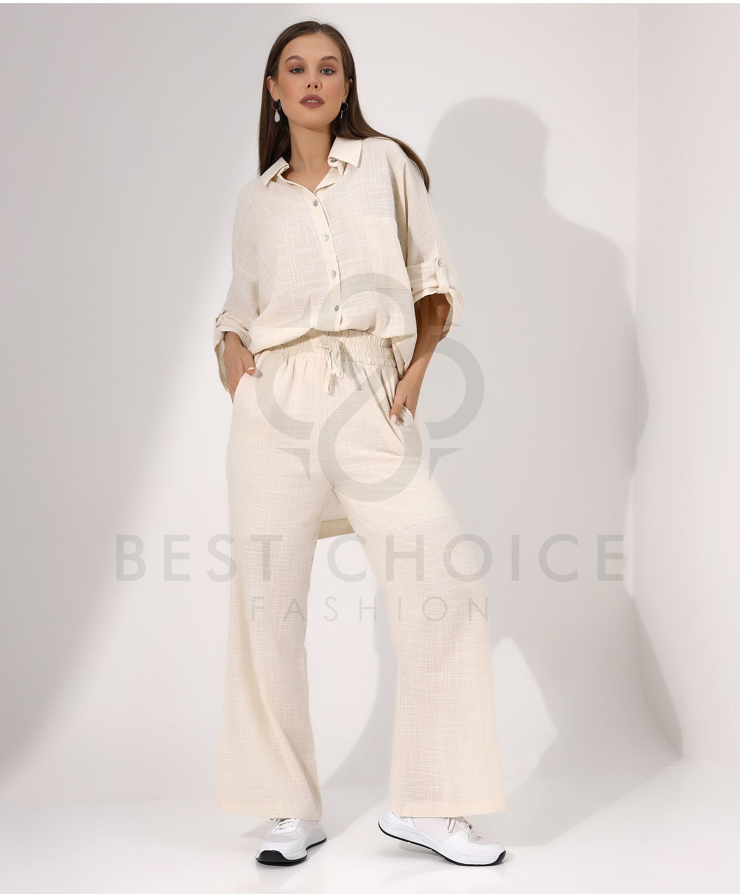Ladies Cream Button Down Shirt and Pants Set - Stayele Store Small