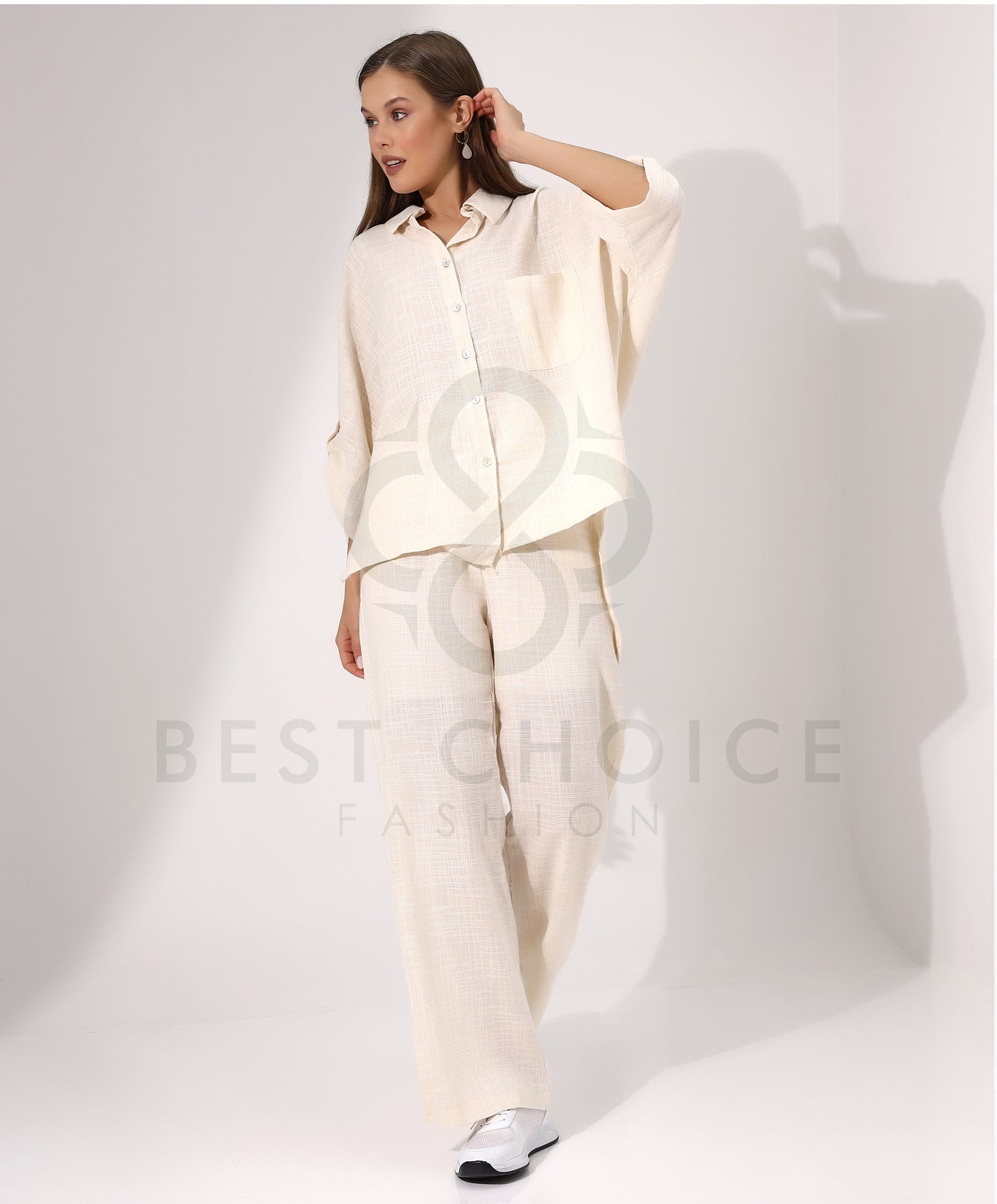 Ladies Cream Button Down Shirt and Pants Set - Stayele Store Small
