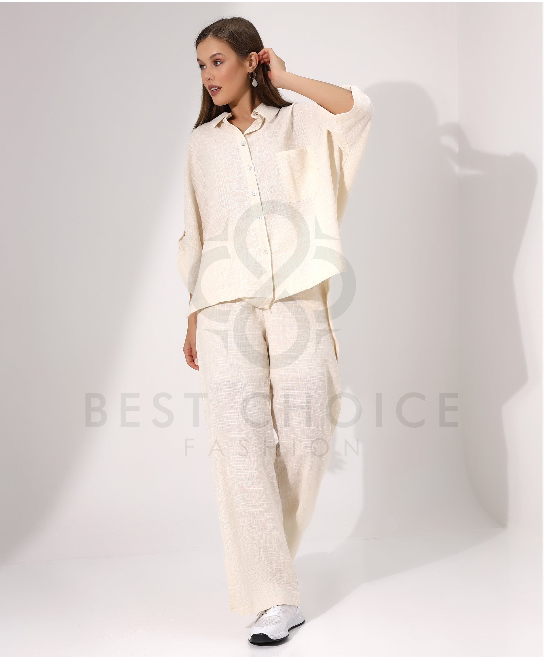 Ladies Cream Button Down Shirt and Pants Set - Stayele Store Small