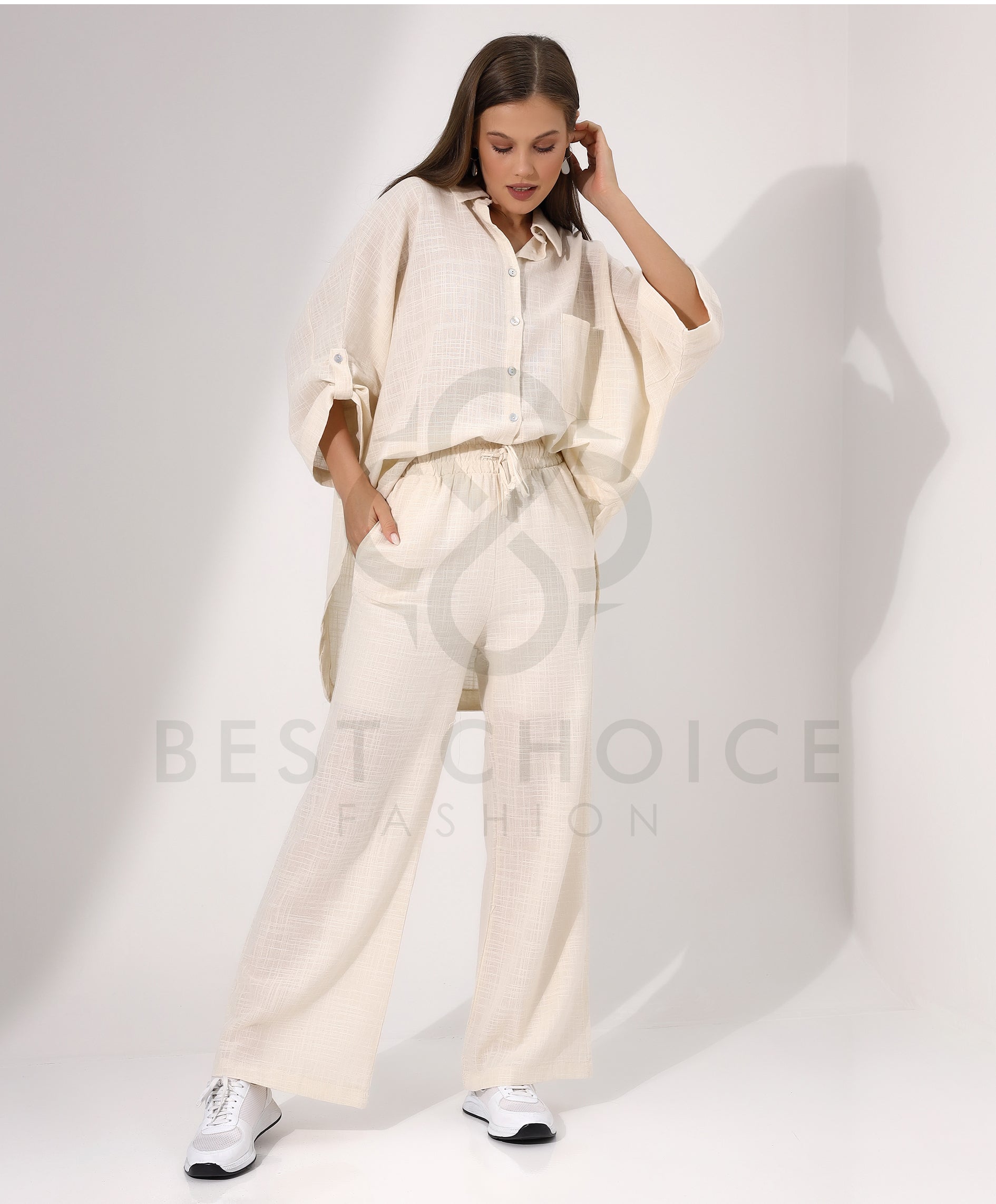 Ladies Cream Button Down Shirt and Pants Set - Stayele Store Small